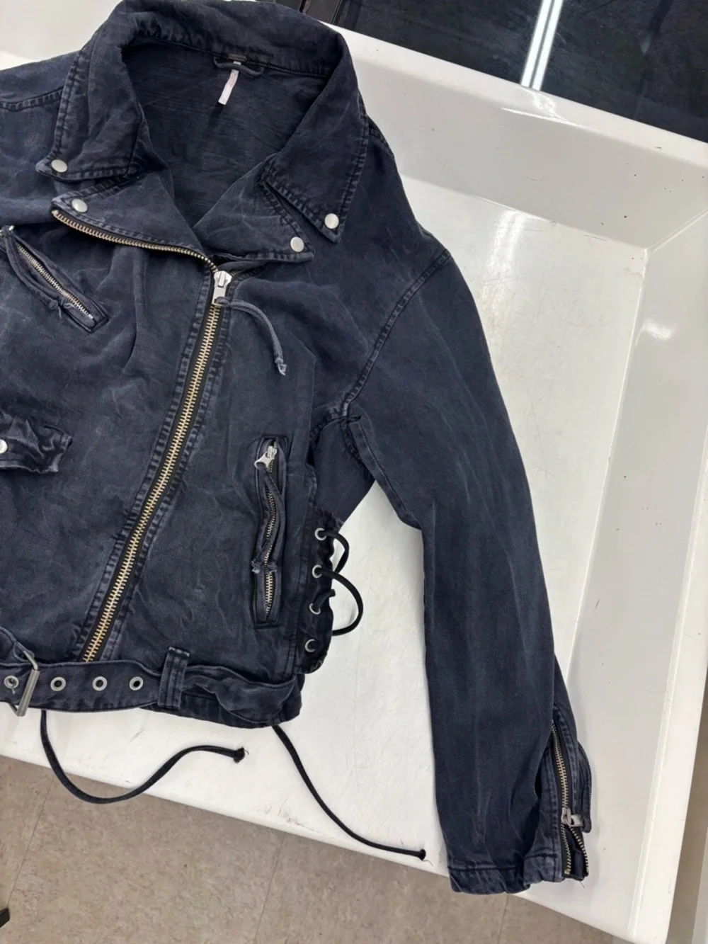 Free People Black Washed Denim Biker Jacket with Asymmetric Zip - Picture 3 of 6